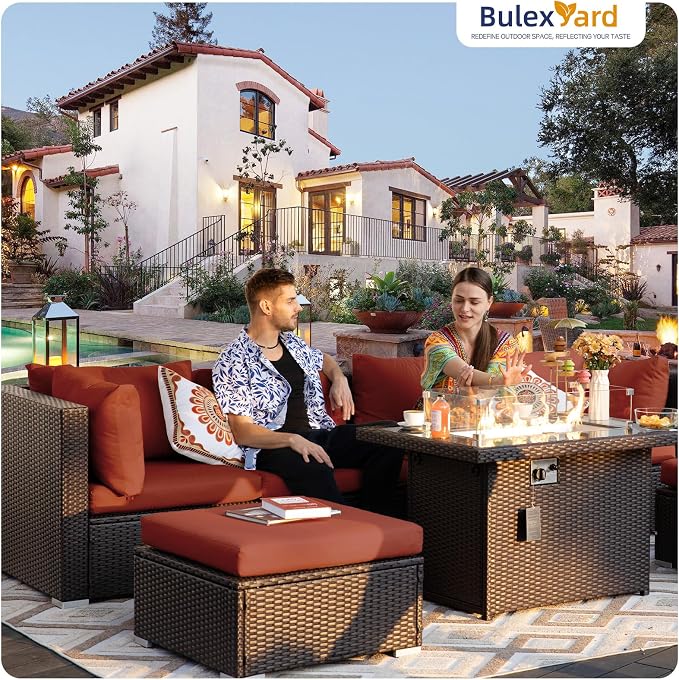 BULEXYARD 7 Pcs High Back Patio Furniture Set with Fire Pit Table Propane/Natural Gas Dual Fuel, Heavy Duty Outdoor Sectional Couch, Big Cozy Backyard Seating for Exterior, Brown Wicker & Red Cushion