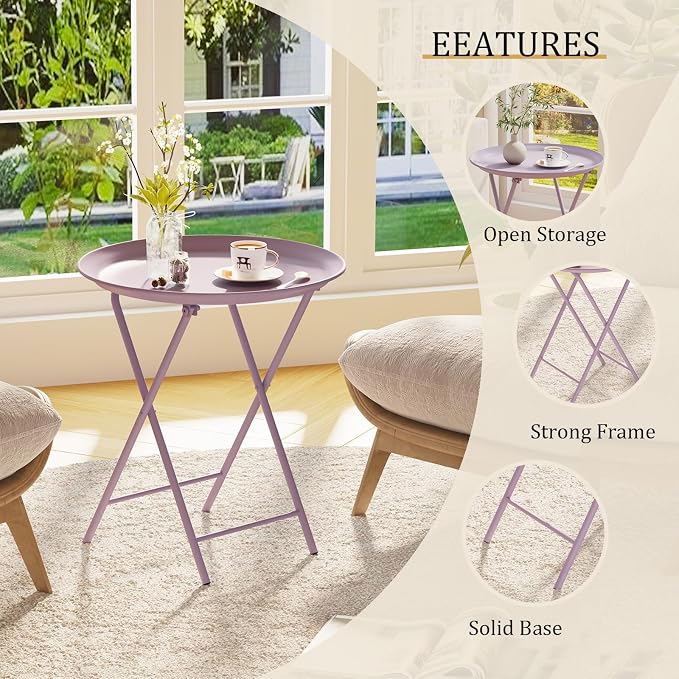 Garden 4 you Folding TV Tray Table, Metal Round Side Table, Purple Dinner Table with Metal Frame, Modern Outdoor Tray Table for Living Room, Bedroom, Patio & Small Spaces, 2 Packs