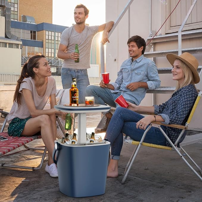 EasyUp Outdoor Cooler Side Table, Portable Ice Cooler Table with Table Top, Outdoor Ice Cool Bar, Lift Top Lid, Durable Handle, Cold Resistance, for Patio, Pool, Camping (Blue)