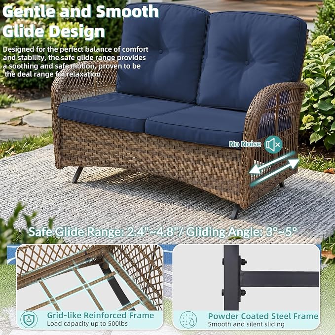 MEETWARM Outdoor Wicker Patio Glider Set, Loveseat for 2 Person Porch Furniture Glider with Glass-Top Coffee Table, Patio Glider Rocking Bench with Thickened Cushions, Navy Blue