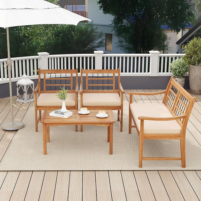 Tangkula 4 Piece Wood Patio Furniture Set, Outdoor Conversation Set w/Soft Seat Cushions, Solid Acacia Wood Frame, 2 Armchairs, Loveseat & Coffee Table Set for Backyard, Porch, Poolside (White)