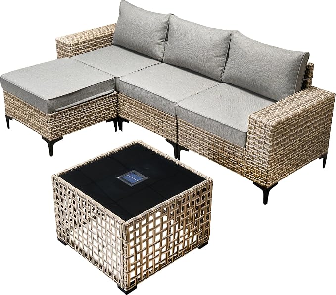 Patio Furniture Set, 5 Pieces Outdoor Wicker Conversation Sets with Coffee Table Outdoor Sectional Sofa for Balcony Backyard Poolside Garden Lawn (Gray)