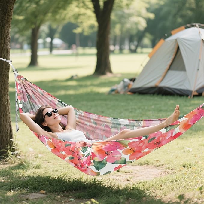 Camping Hammock Outdoor Hammocks for Outside Orange Bougainvillea Flowers Beach Trees Portable Lightweight with Pockets Tree Straps Indoor