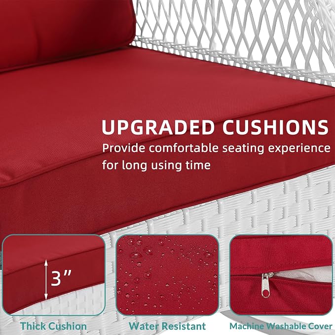 MEETWARM Outdoor Wicker Patio Glider Set, Loveseat for 2 Person Porch Furniture Glider with Glass-Top Coffee Table, Patio Glider Rocking Bench with Thickened Cushions, White Wicker/Red