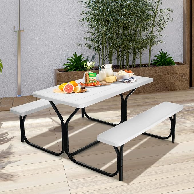 LDAILY Picnic Tables, Rectangular Picnic Table with Steel Frame, 2 Benches Set, HDPE Tabletop, Plastic Picnic Table for Outdoor, Camping, Patio, Lawn, Yard, Picnic Parties (White)
