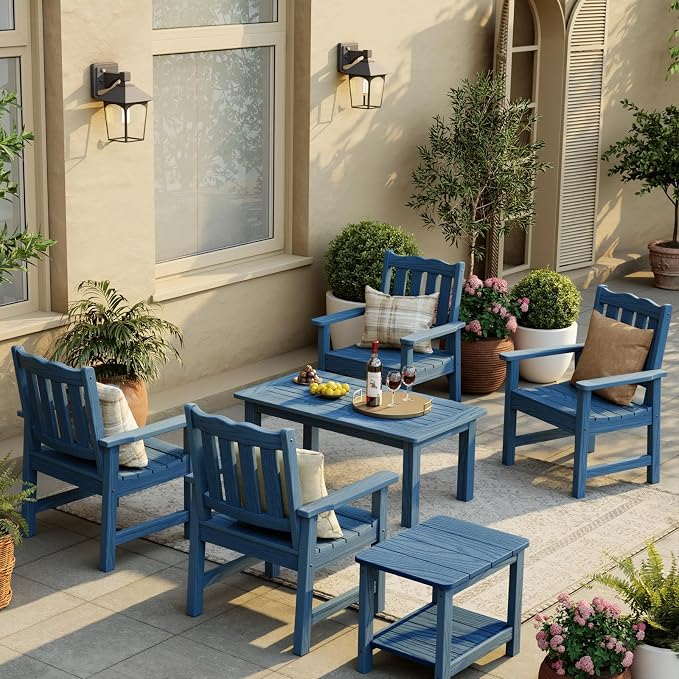 Stoog Outdoor Chairs & Bench Set, All-Weather Patio Furniture Set, Include 2 Patio Chairs and 1 Bench, Blue