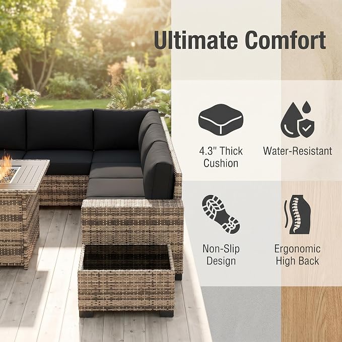 UDPATIO Patio Furniture Set L-Shaped, 8" Width Armrest Sectional Set, Al Weather PE Rattan Conversation Furniture with High Density Cushions and Coffee Table for Outdoor Backyard Porch Black