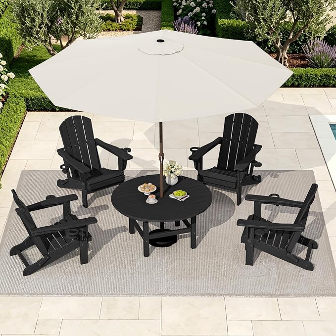 SERWALL 5-Piece Outdoor Furniture Set, Round Coffee Table with Umbrella Hole & Adirondack Chairs with Cup Holders, Black
