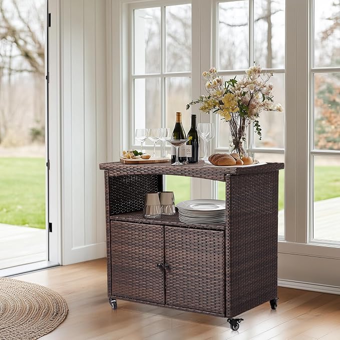 Outvita Patio Bar Table, Weatherproof Buffet Cabinet Wicker Outdoor Storage Cart with 2 Doors & Shelves Wooden Tabletop for Tableware Wine Bottle and Glass, Towels, and Potting Supplies