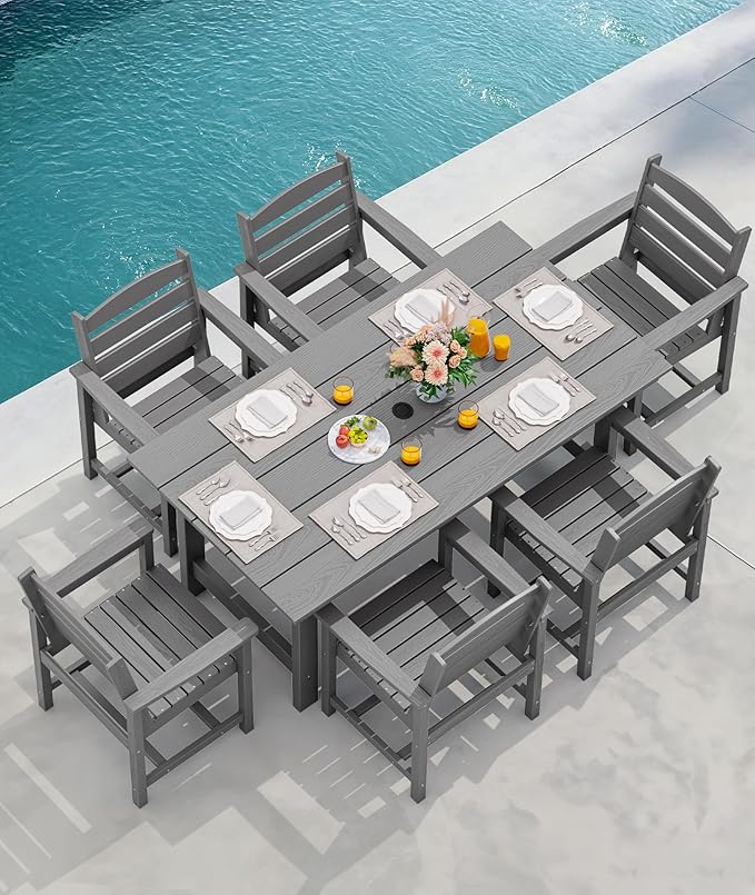 SERWALL 8-Pc HDPE Dining Set, 1 Table, 1 Umbrella & 6 Chairs, Gray | Patio Dining Set with Umbrella, 67"Rectangular Table & 6 Chairs & 15FT Umbrella, All Weather Dining Furniture