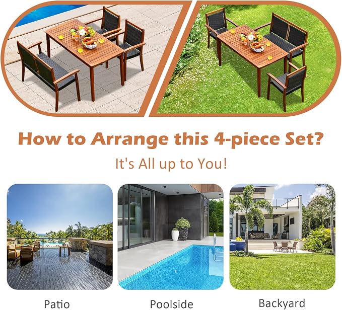 Tangkula 4 Pieces Patio Dining Set for 4, Patiojoy Space-Saving Outdoor Acacia Wood Dining Table and PE Rattan Chairs Set with 1.9” Umbrella Hole, for Garden, Backyard, Deck, Poolside, Balcony