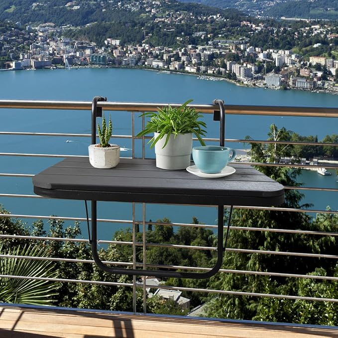 Balcony Railing Table Outdoor Hanging Folding Balcony Bar Table for Railings Patio Hanging Table on Railing Aluminium Metal Side Table Folding Adjustable 23.6"(L) x 15.7"(W) Black Set of 2