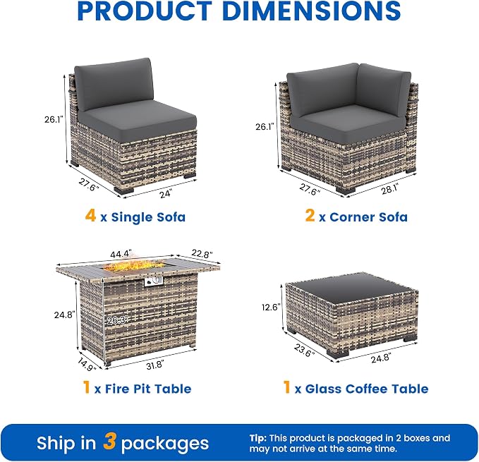 8 Pieces Outdoor Patio Furniture Set with 44" Fire Pit Table Yellow Rattan Sectional Conversation Sets w/Gas Fire Pit, Coffee Table, 1 Waterproof Covers, Dark Grey