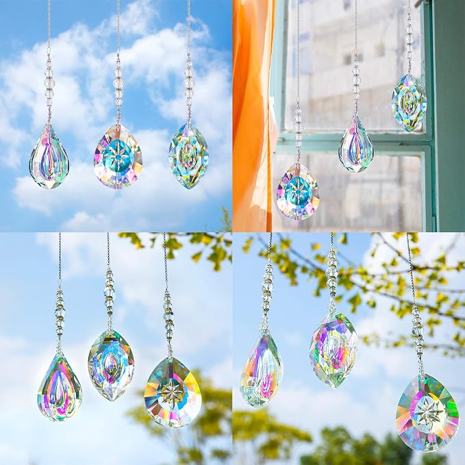 YU FENG 3PCS Crystal Prism Suncatcher, Window Hanging Rainbow Maker Set | AB Colored Glass Prisms, Faceted Crystal Design, Sun Catcher Decor for Home Garden Window, Creates Bright Rainbow Effects