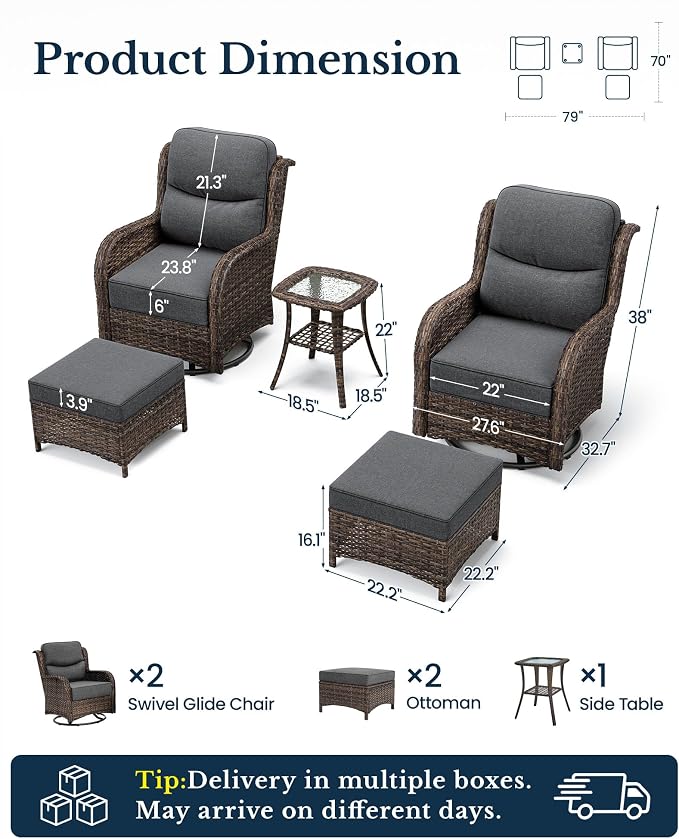 HILLGA Luxury Outdoor Patio Furniture Set with 6-Inch Thick Cushions, High Back Wicker Swivel Rocker Chairs, 5 Pcs All Weather Chairs Set for Small Porch, Deck and Sunroom, Gray (V3)