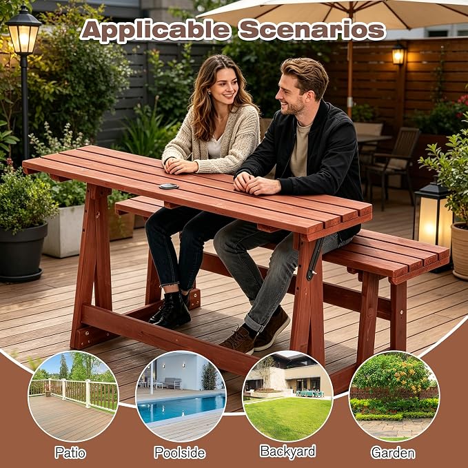 2 in 1 Convertible Picnic Bench Table Set, Transforming Interchangeable Outdoor Wooden Picnic Table with Umbrella Hole, 500lbs Collapsible Dining Table Bench for Backyard, Porch