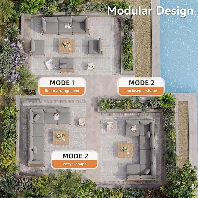 Aoxun 5-Piece Patio Furniture Set, Wicker Outdoor Furniture with Water Resistant Thick Cushions, Patio Conversation Set Outdoor Sectional Sofa with Coffee Table for Backyard Poolside, Light Grey
