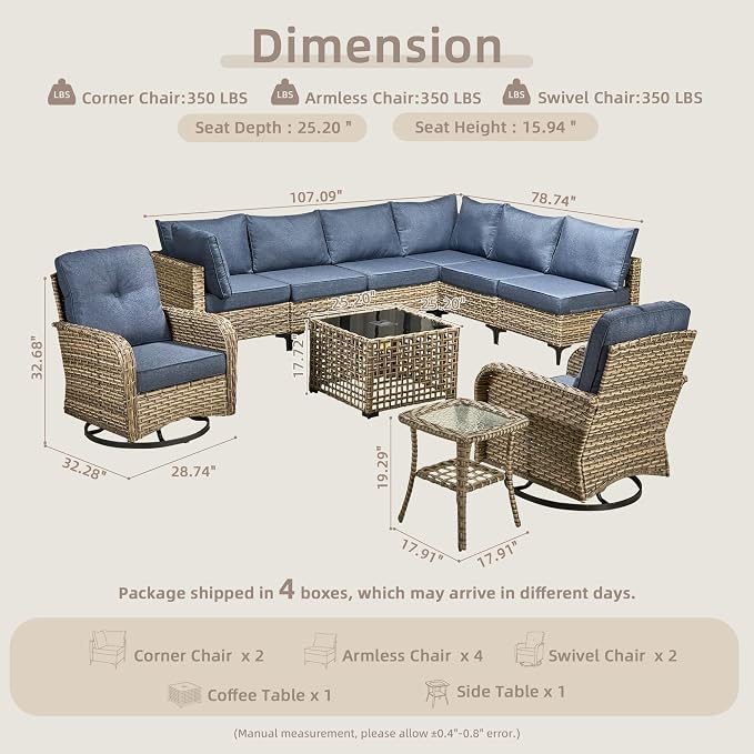 CAODOC Outdoor Sectional Patio Furniture Set,10 Pieces Wicker Conversation Sets L Shaped Couch,Out Door Sofa Outside Furniture with Swivel Chairs,Light Blue