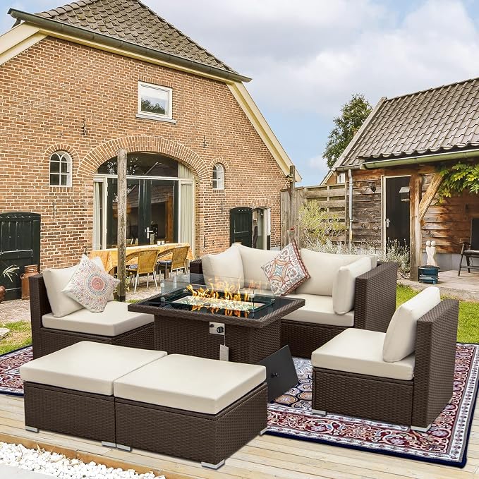 BULEXYARD 7 Piece Highback Patio Furniture Set with Fire Pit Table, Modern Modular Outdoor Sectional Couch Sofa with Ottoman, 6-Person Backyard Seating for Outside, Deck, Brown Wicker & Beige Cushion