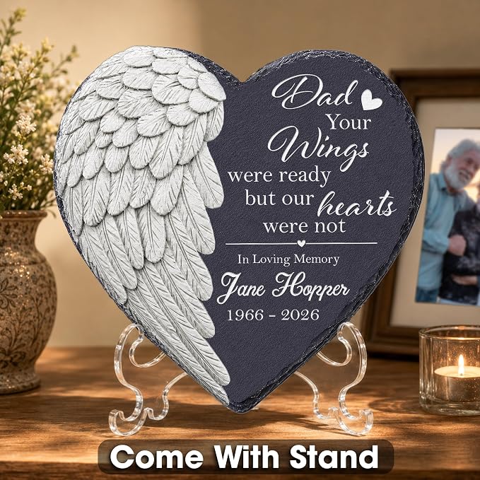 Custom Memorial Garden Stone for Loss of Loved One, Angel Wing Garden Stones in Memory of Dad Mom, Sympathy Gift Fathers Day, Weatherproof Outdoor Memorial Plaque Stones, Remembrance Natural Stone
