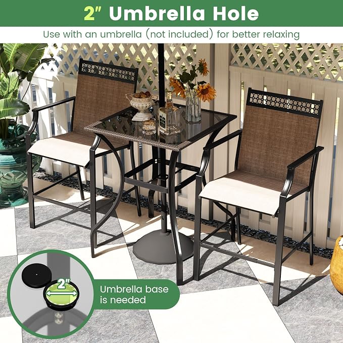 HAPPYGRILL Patio Bar Table, 28.5 x 28.5 inch Outdoor Bar Height Dining Table with Rattan Edge & Heavy-Duty Metal Legs, 2 inch Umbrella Hole, Square Bistro Bar Table for Poolside, Backyard, Balcony