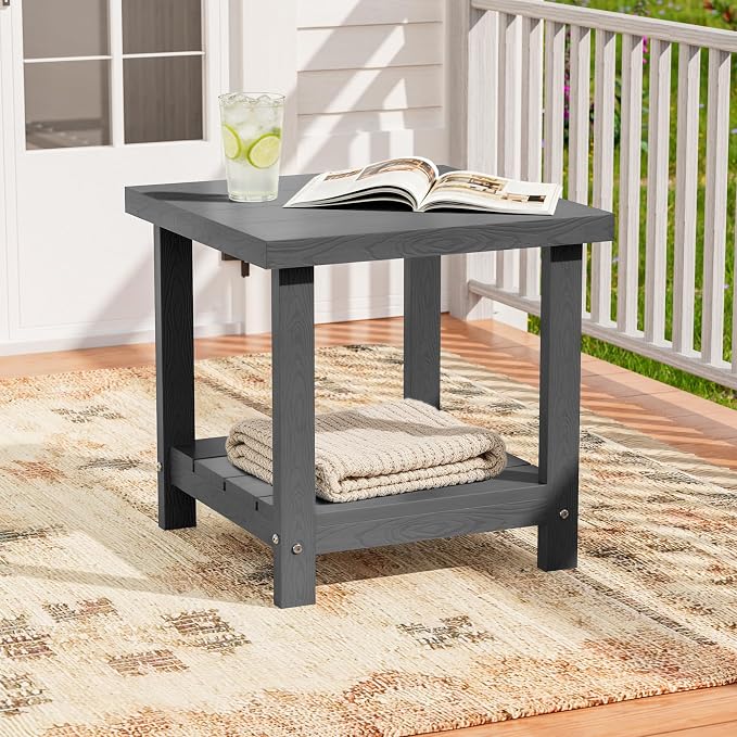 2-Tier HDPE Outdoor Square Side Table, Heavy-Duty Patio Side Table with Storage Shelf, Weather-Resistant Adirondack End Tables for Backyard, Pool, Porch, Garden, Lawn, Grey