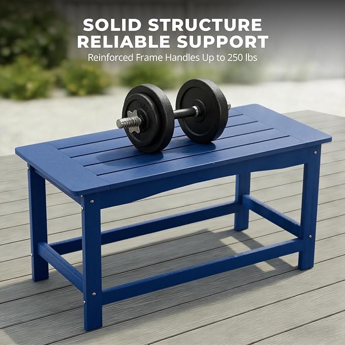 Blue Outdoor Coffee Table for Patio 35.4 x 17.5 x 16.1 Poly Lumber | 250 lb All-Weather HIPS Rectangle Patio Coffee Table, Stainless Steel Hardware, 1-Year Warranty for Deck Porch Poolside