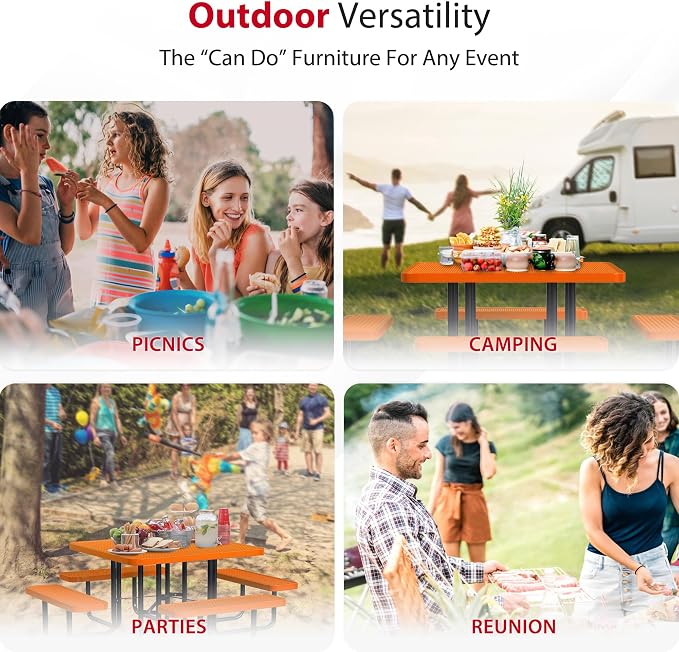 Leisure Craft Metal Picnic Table with Bench - 46" Square Outdoor Dining Table for 8 with Umbrella Hole, Weatherproof Heavy Duty Thermoplastic Coating, Commercial Grade Furniture Made in USA - Orange