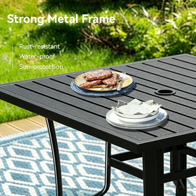 5 Pieces Outdoor Dining Table 36"x36" + Patio Dining Chair Set, Square Patio Dining Table and Chairs with Stable Metal Frame for Garden, Backyard and Porch, Umbrella Hole Design, Suitable for 4 People
