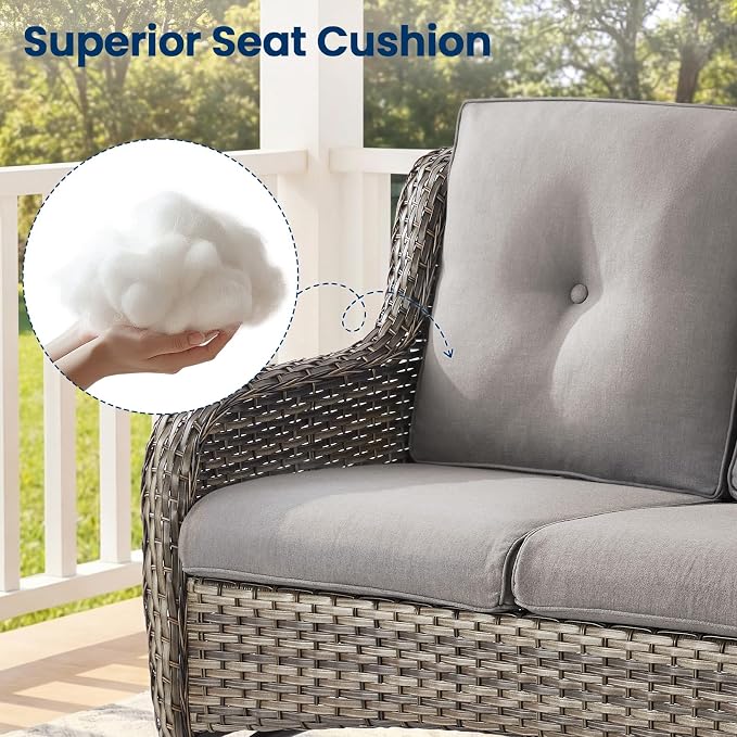 Patio Loveseat Sofa, Outdoor Wicker Loveseat with Luxury Thick Cushion, All-Weather Patio Furniture Set, Outdoor Glider Bench for Garden Balcony Backyard(Grey Wicker/Grey Cushion)