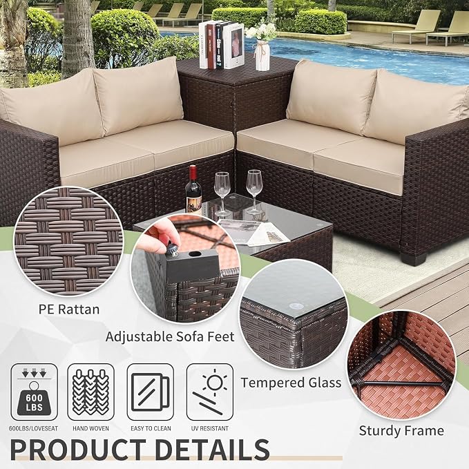 4 Piece Outdoor Patio Furniture Set Brown Rattan Sectional Sofa Couch with Storage Box, PE Wicker Conversation Sets, Glass Top Table, Khaki Cushions for Backyard Garden Lounge