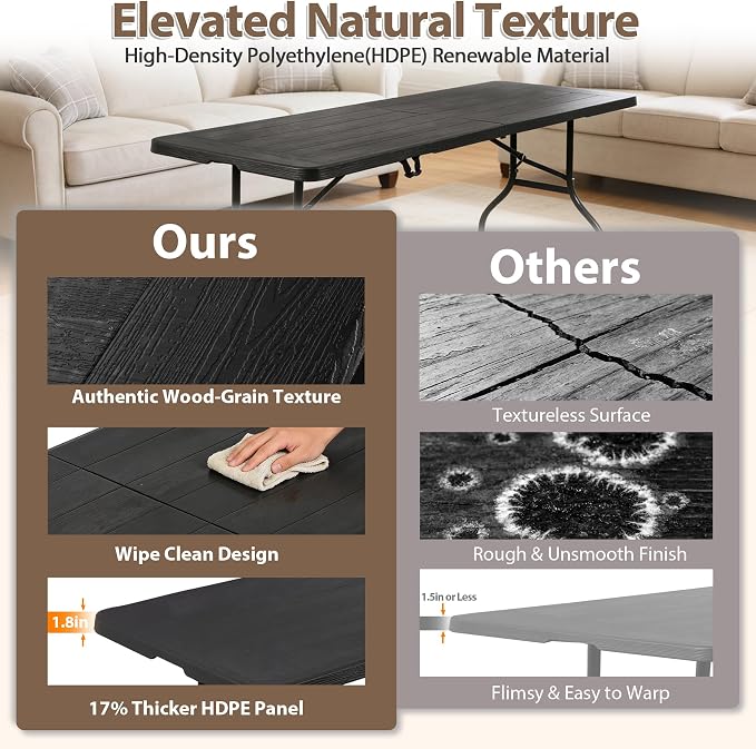 SUPER DEAL 8FT Folding Picnic Table for Indoor Outdoor, Portable Fold-in-Half Plastic Dining Camping Party Table with Carrying Handle, Black