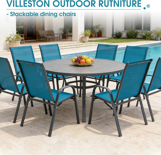 24.4" Wide Outdoor Stackable Chairs Set of 8, Stacking Patio Chairs with Textilene Fabric, Outside Furniture for Garden Backyard Balconie Poolside Deck, Blue