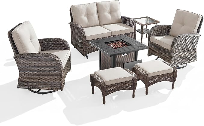 7 Piece Patio Furniture Set with Fire Pit Table - Wicker Patio Conversation Set with Swivel Glider, Glider Loveseat, Side Table and 2 Ottomans for Deck Backyard - Brown Wicker Beige Cushion