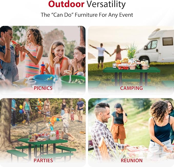 Leisure Craft Metal Picnic Table with Bench - 46" Square Outdoor Dining Table for 8 with Umbrella Hole, Weatherproof Heavy Duty Thermoplastic Coating, Commercial Grade Furniture Made in USA - Green