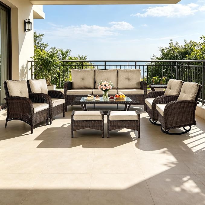 All Weather Patio Furniture Set, High Back Swivel Rocker Glider Chairs,Ottomans & Glass Tables, Outdoor Conversation Set for Deck Porch Yard Poolside (Brown, 9PCS-Swivel Chairs&Chairs&Sofa&Tables)