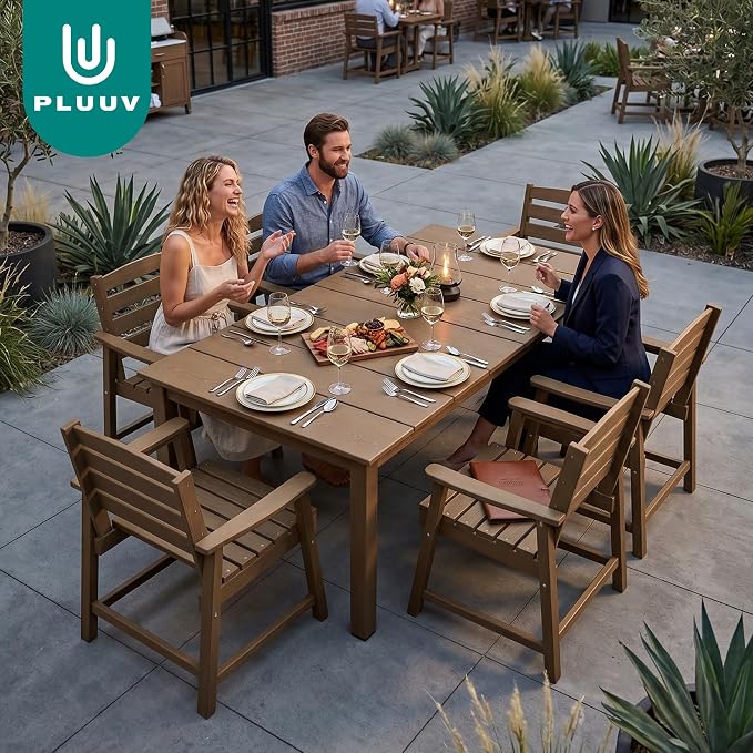 PLUUV 7-Piece Outdoor Patio Dining Set, All-Weather HDPE Dining Furniture Set with Umbrella Hole Cut-Out Table, Aluminum Table Legs, and 6 Chairs, Waterproof & Easy Clean for Backyard, Garden, Brown