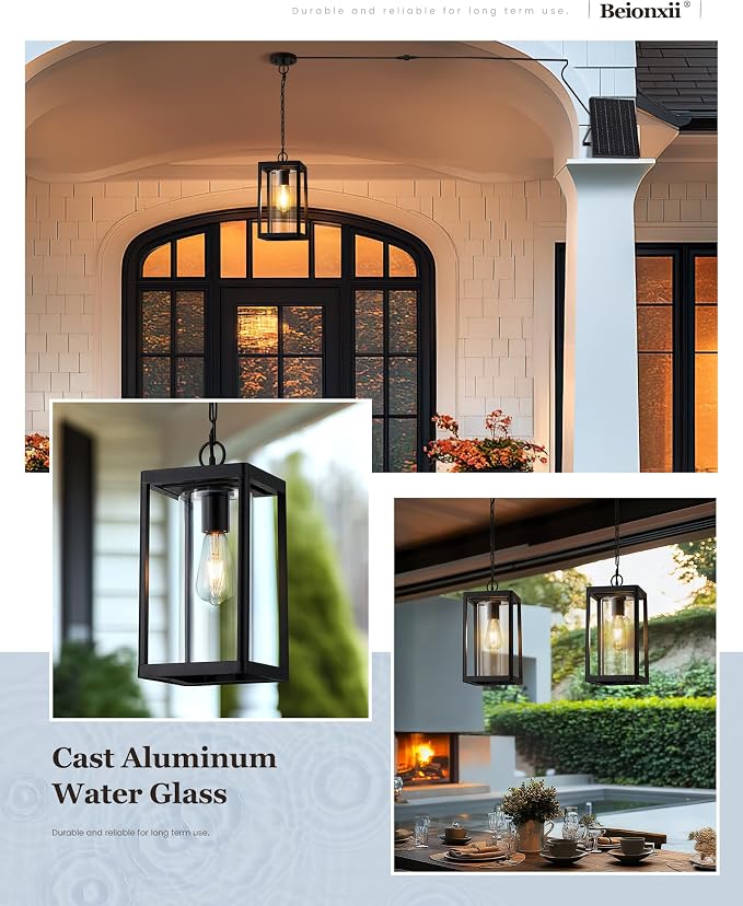 Beionxii 15" Solar Outdoor Pendant Light,Farmhouse Exterior Hanging Lantern | Anti-Rust Aluminum, Waterproof, Dusk to Dawn Modern Outside Chandelier w/Remote and Bulb for Coastal, Porch, Patio, BXA291-SH