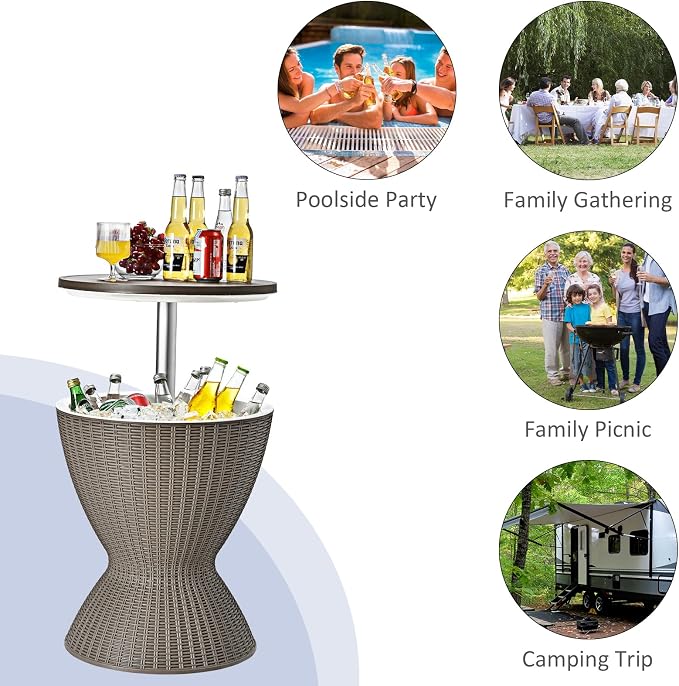 S AFSTAR Cool Bar Table, 8 Gallon Rattan Patio Bar Cooler with Ice Bucket & Height Adjustable Tabletop, Beer & Wine Cooler, Outdoor Indoor Cocktail Coffee Table for Patio Party Pool Deck (Brown)
