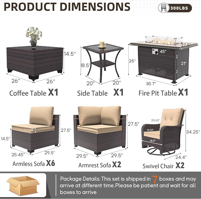 Patio Furniture Set with Fire Pit Table 13 Pieces Outdoor Swivel Rocking Chairs Sofa Set,PE Rattan Wicker Patio Conversation Set w/43in 55000 BTU Propane Fire Pit Table,Sand