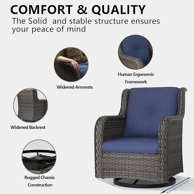 Outdoor Swivel Rocker Patio Chairs Set of 2 - Outdoor Wicker Swivel Glider Chairs 2 Pieces with Olefin Fabric Cushions Suitable for Backyard Deck and Porch(Mixed Grey/Blue)