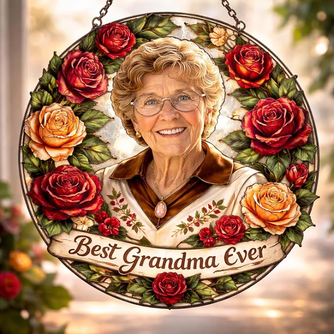 Personalized June Rose Birth Flower Stained Glass Suncatcher – Custom Photo & Name Window Hanging Keepsake Gift for Mom, Grandma, Mother’s Day or June Birthday