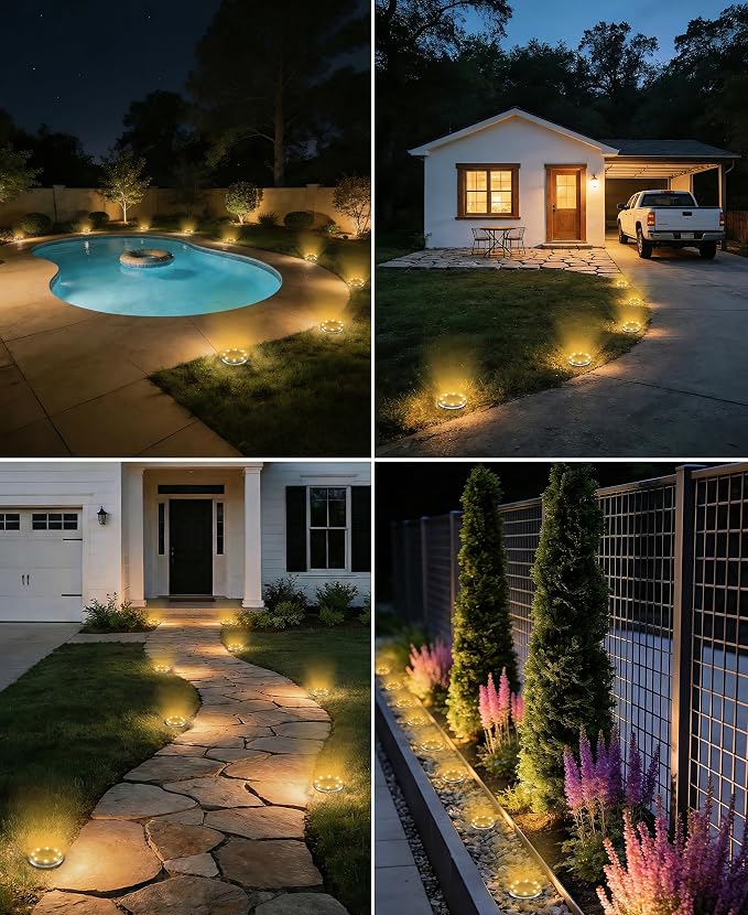 LOTMOS 4 Pack Solar Ground Lights Outdoor, 8 LED Solar Flat Lights IP68 Waterproof Disc Light, Landscape Lighting Solar Powered for Garden Yard Path Driveway Lawn Patio Walkway, Warm White