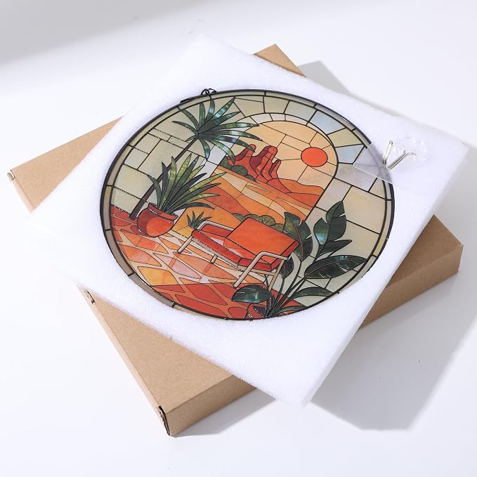 Stained Glass Window Hanging,20cm/7.87inch Desert Sunset Suncatcher with Chain Garden Diamond Glass Panel Hangings Decoration for Windows Home Decor Gifts for Family Friends Colleagues