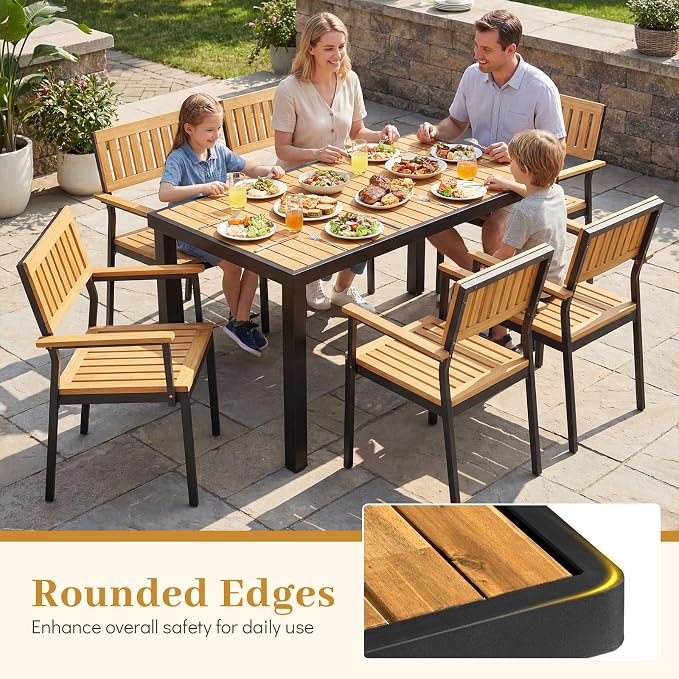 Byroce 58" x 27" Rectangular Acacia Wood Outdoor Dining Table with Umbrella Hole & Black Metal Frame for Patio, Garden & Restaurant, Natural