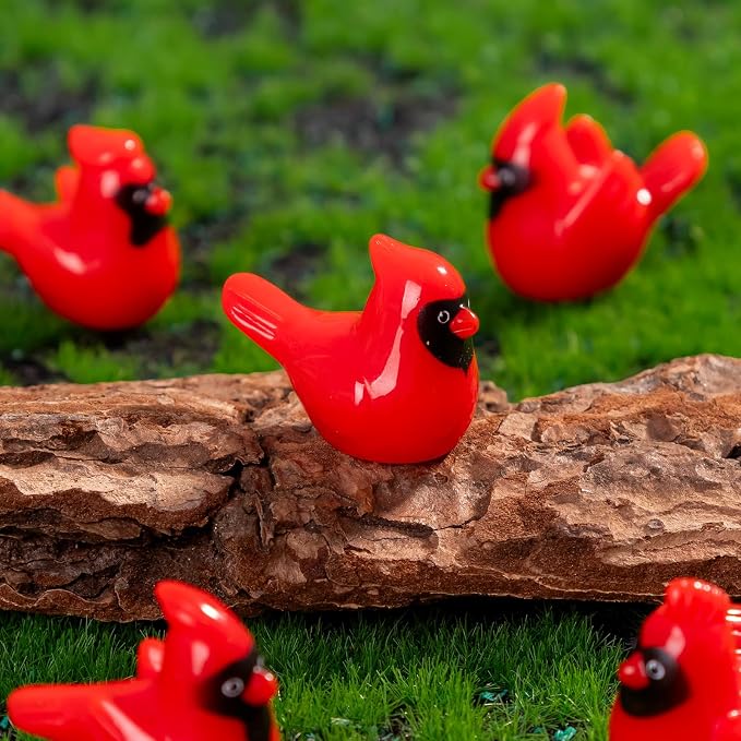 60 PCS 6 Styles Glossy Mini Red Resin Cardinal Bird Figurines, Tiny Bird Miniature Dollhouse Accessories, Bulk Christmas Ornaments for Xmas Gift Mini Garden Cake Topper Decor