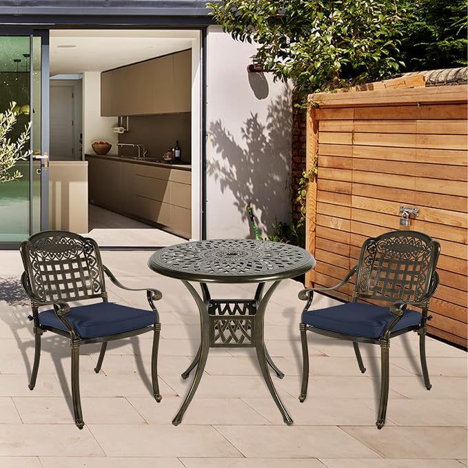 MEETWARM 3 Piece Patio Bistro Set, Outdoor All-Weather Cast Aluminum Dining Furniture Set Includes 2 Chairs with Cushions and a 31” Round Table with Umbrella Hole for Garden Deck, Navy Blue