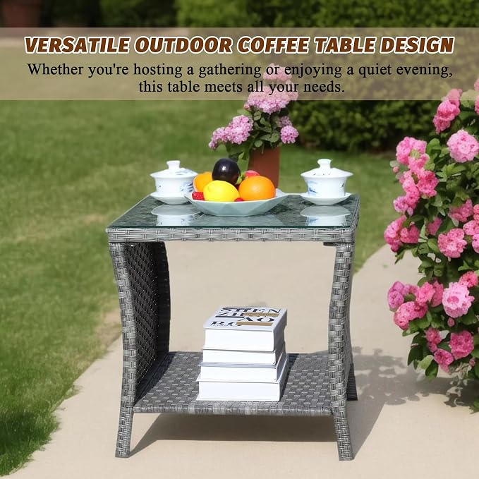 Outdoor Rattan Patio Side Tables, Wicker Table with Clear Tempered Glass Top, Patio End Tables with Storage Shelf, Outdoor Small Tables for Patio,Porch,Balcony,Backyard (Grey, 19.25 Inch)