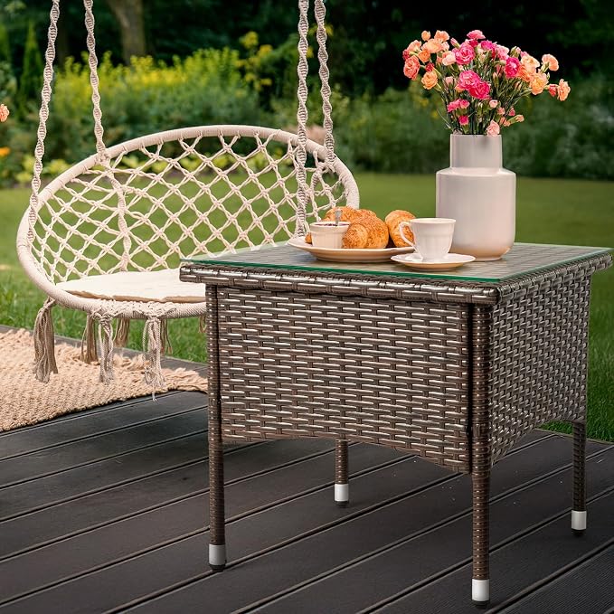 Outvita 20" Patio Coffee Table, Glass Tabletop Square Side Table, Waterproof & Rustproof, Adjustable Feet, Elegant Brown Outdoor Table for Garden Porch Yard