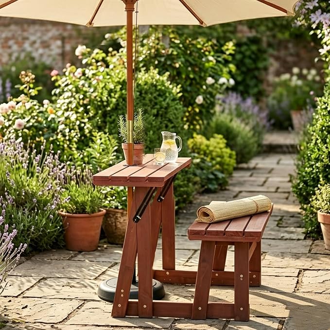 KEIKI 2-in-1 Convertible Wood Picnic Table & Bench with Umbrella Hole | 2-in-1 folding bench and picnic table with umbrella hole, solid wood frame, 500 lb bench capacity